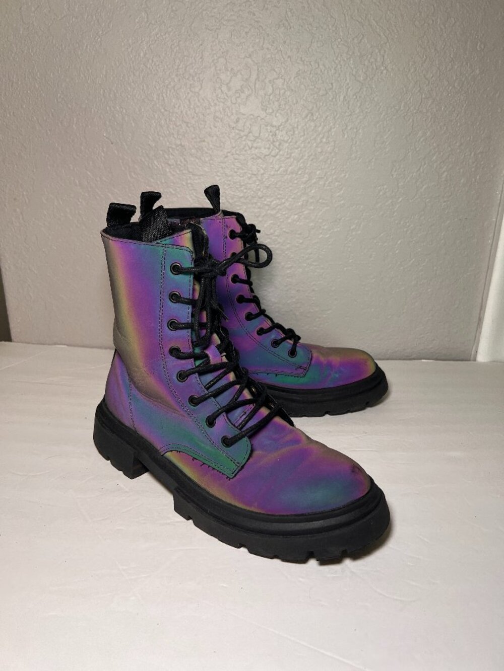 Zara Iridescent Purple Silver Combat Ankle Boots Chunky Sole